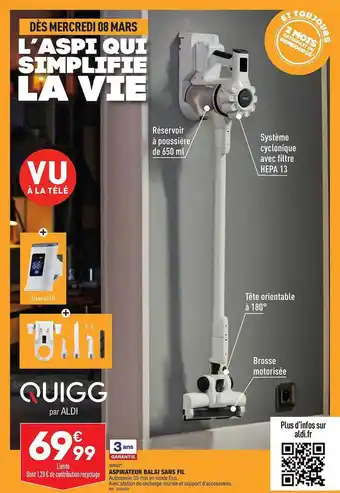 ALDI Aspirateur balai sans fil quigg offre