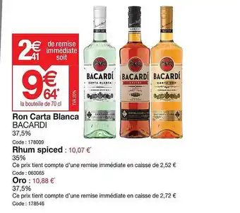 Promocash Ron carta blanca bicardi, rhum spiced, oro offre