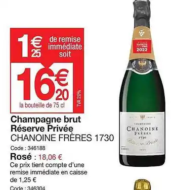 Promocash Champagne brut réserve privée chanoine frères 1730 offre