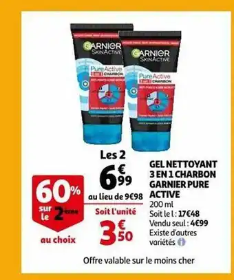 Auchan Gel nettoyant 3 en 1 charbon garnier pure active offre