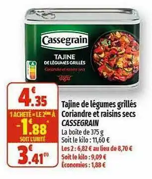 Coccimarket Tajine de légumes grillés coriandre et raisins secs cassegrain offre