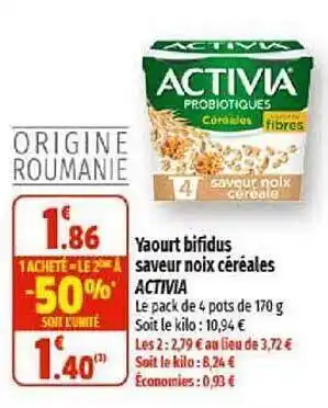 Coccinelle Supermarché Yaourt bifidus saveur noix céréales activia 1 acheté = le 2ème à -50% offre