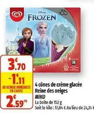 Coccinelle Supermarché 4 cônes de crème glacée reine de neiges miko offre
