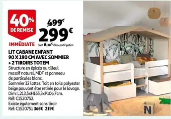 Auchan Lit Cabane Enfant 90x190 cm Avec Sommier + 2 Tiroirs Totem offre