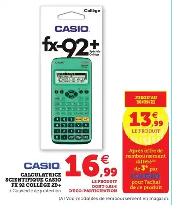 Super U Calculatrice scientifique casio fx 92 collège 2d+ offre
