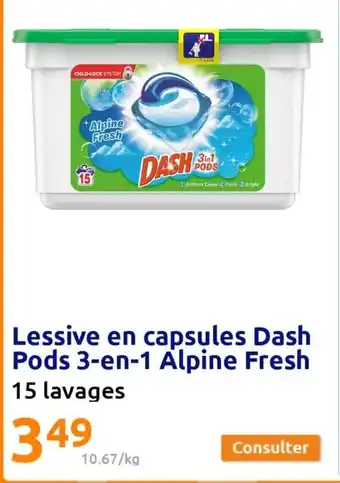 Action Lessive en Capsules Dash Pods 3-en-1 Alpine Fresh offre
