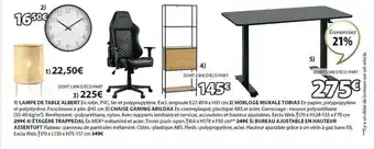 JYSK Lampe de table albert, horloge murale tobias, chaise gaming abildaa, étagère trappedal, bureau ajustable en hauteur assentoft offre