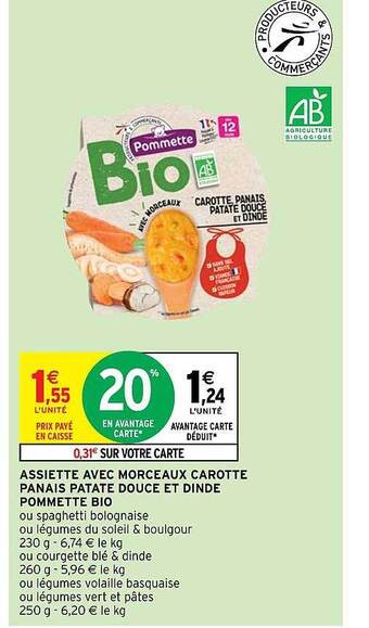 Intermarché Hyper Assiette avec morceaux carotte panais patate douce et dinde pommette bio offre