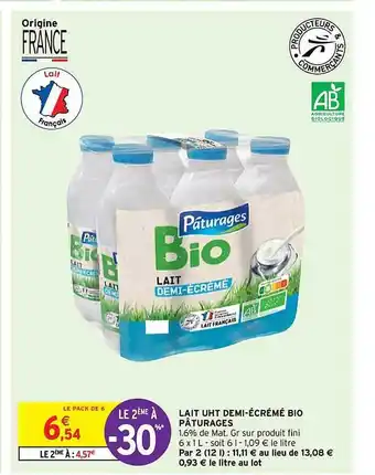 Intermarché Lait uht demi-écrémé bio pâturages offre