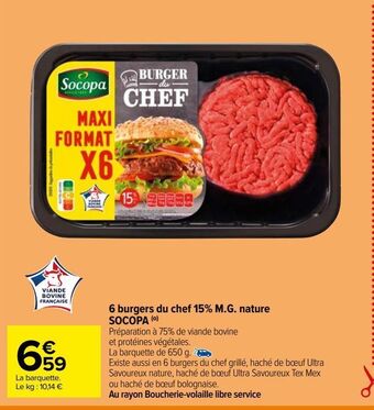 Carrefour 6 burgers du chef 15% m.g. nature socopa offre
