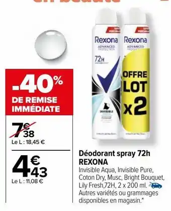 Carrefour Déodorant spray 72h rexona offre