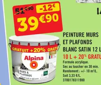 E.Leclerc Peinture Murs Et Plafonds Blanc Satin 12 L offre