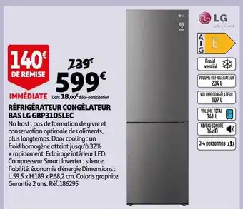 Auchan Réfrigérateur congélateur bas lg gbp31dslec offre