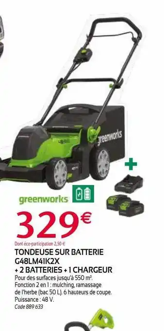 RAGT Jardin & Maison Tondeuse sur batterie g48lm41k2x + 2 batteries + 1 chargeur greenworks offre