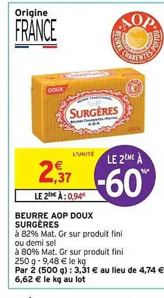 Intermarché Beurre aop doux surgères offre