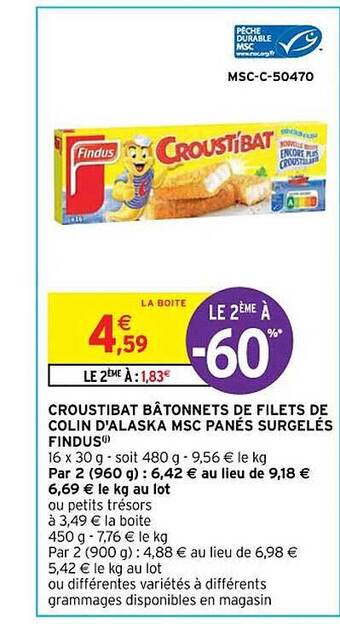 Intermarché Croustibat bâtonnets de filets de colin d'alaska msc panés surgelés findus offre