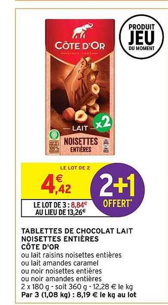 Intermarché Hyper Tablettes de chocolat lait noisettes entières côte d'or offre