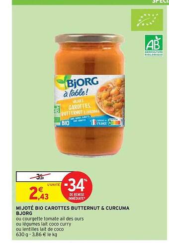 Intermarché Mijoté bio carottes butternut & curcuma bjorg offre