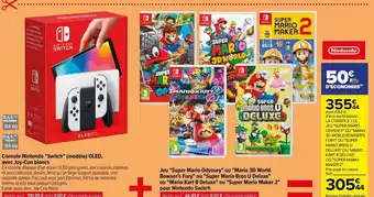 Carrefour Console nintendo "switch" (modèle) oled, avec joy-con blancs + jeu "super mario odyssey" ou "mario 3d world bowser's fury" ou offre