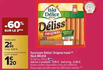 Carrefour Saucisses Déliss' Original Halal Isla Délice offre