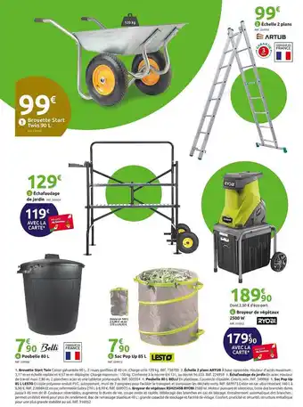 Mr Bricolage Brouette start twin 20l, échelle 2 plans artub, échafaudage de jardin, poubelle 80l belli, sac pop up 85l lesto, broyeur de v offre