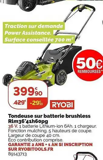 Weldom Tondeuse sur batterie brushless rlm36° 41h60pg ryobi offre