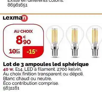 Weldom Lot de 3 ampoules led sphérique lexman offre