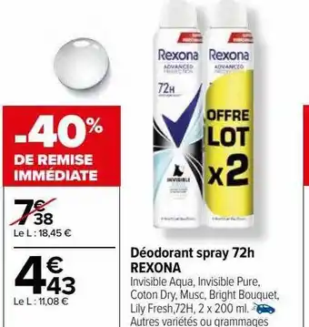 Carrefour Déodorant spray 72h rexona offre