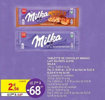 Intermarché Hyper Tablette de chocolat mmmax lait du pays alpin milka offre