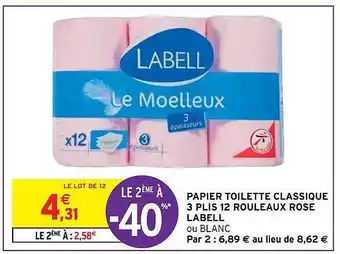 Intermarché Hyper Papier toilette classique 3 plis 12 rouleaux rose labell offre