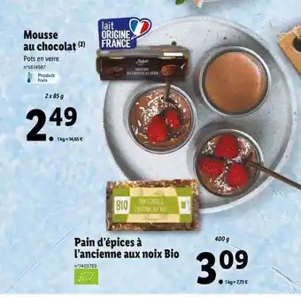 Lidl Mousse au chocolat deluxe, pain d'épices à l'ancienne aux noix bio offre