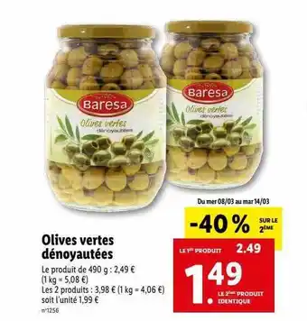 Lidl Olives vertes dénoyautées baresa offre