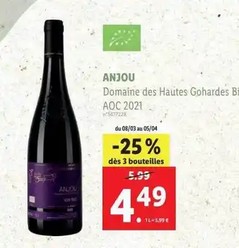 Lidl Anjou domaine des hautes gohardes bio aoc 2021 offre