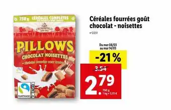 Lidl Céréales fourrées goût chocolat - noisettes pillows offre