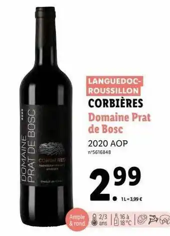 Lidl Corbières domaine prat de bosc 2020 aop offre