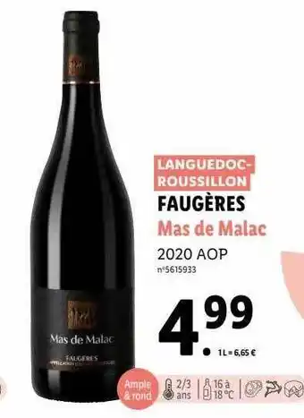 Lidl Faugères mas de malac 2020 aop offre