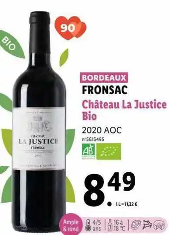 Lidl Fronsac château la justice bio 2020 aoc offre
