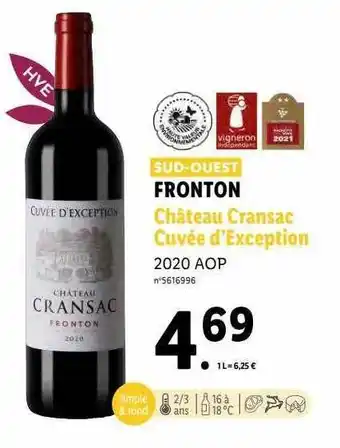 Lidl Fronton château cransac cuvée d'exception 2020 aop offre