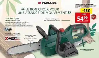 Lidl Tronçonneuse sans fil sans batterie ni chargeur parkside offre