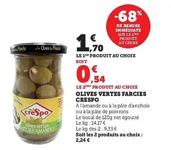 Super U Olives vertes farcies crespo offre