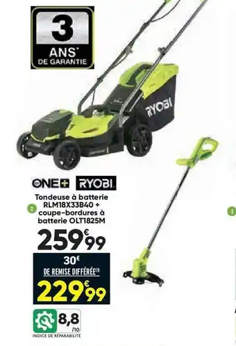 Bricorama Tondeuse à batterie + coupe-bordures à batterie ryobi offre