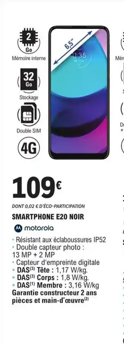 E.Leclerc Motorola Smartphone E20 Noir offre