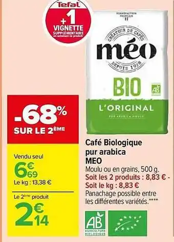 Carrefour Café biologique pur arabica méo offre