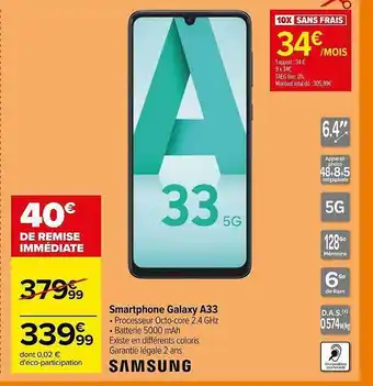 Carrefour Smartphone samsung galaxy a33 offre