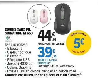 E.Leclerc Souris sans fil signature m 650 logitech offre