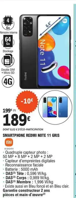 E.Leclerc Smartphone redmi note 11 gris xiaomi offre