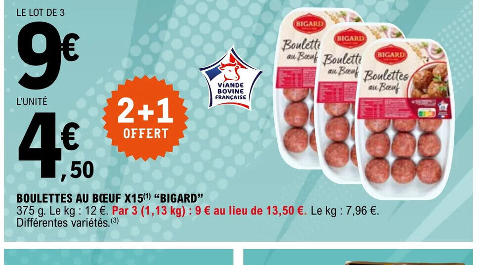 Promo Boulettes au boeuf x15 bigard chez E.Leclerc