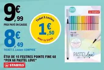 E.Leclerc Etui de 15 Feutres Pointe Fine 68 Pen 68 Pastel Love offre
