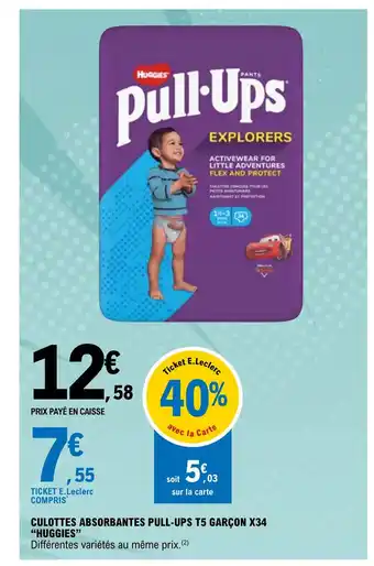 E.Leclerc Culottes Absorbantes Pull-Ups T5 Garcon x34 Huggies offre
