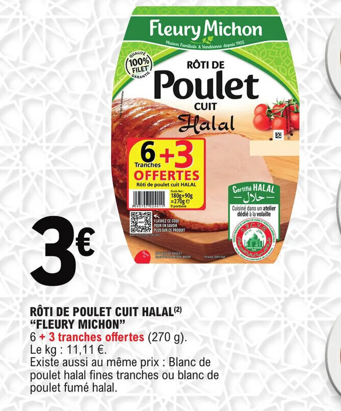 Promo Roti de poulet cuit halal fleury michon chez E.Leclerc